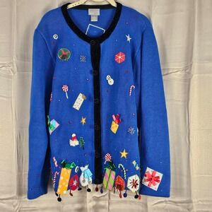 Berek Womens Blue Embellished Christmas Cardigan Sweater Large